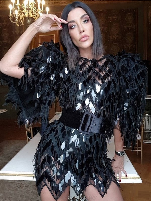 Herve Leger Black Short Sleeve Feather Mesh Dress