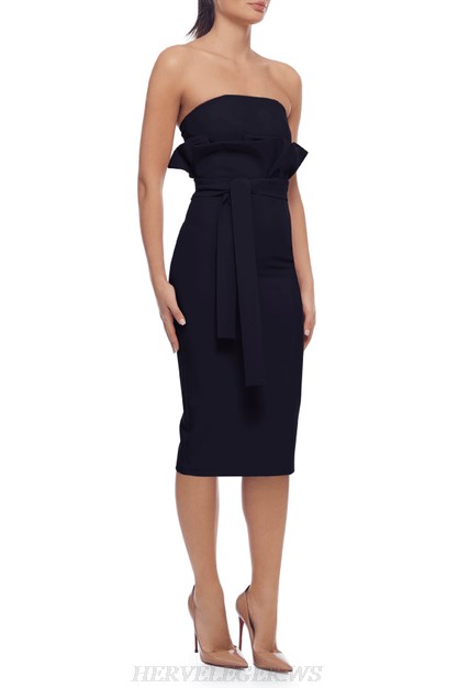Herve Leger Black Strapless Frill Detail Dress