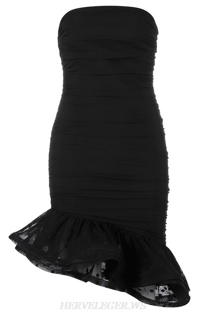 Herve Leger Black Strapless Ruched Mesh Frill Dress