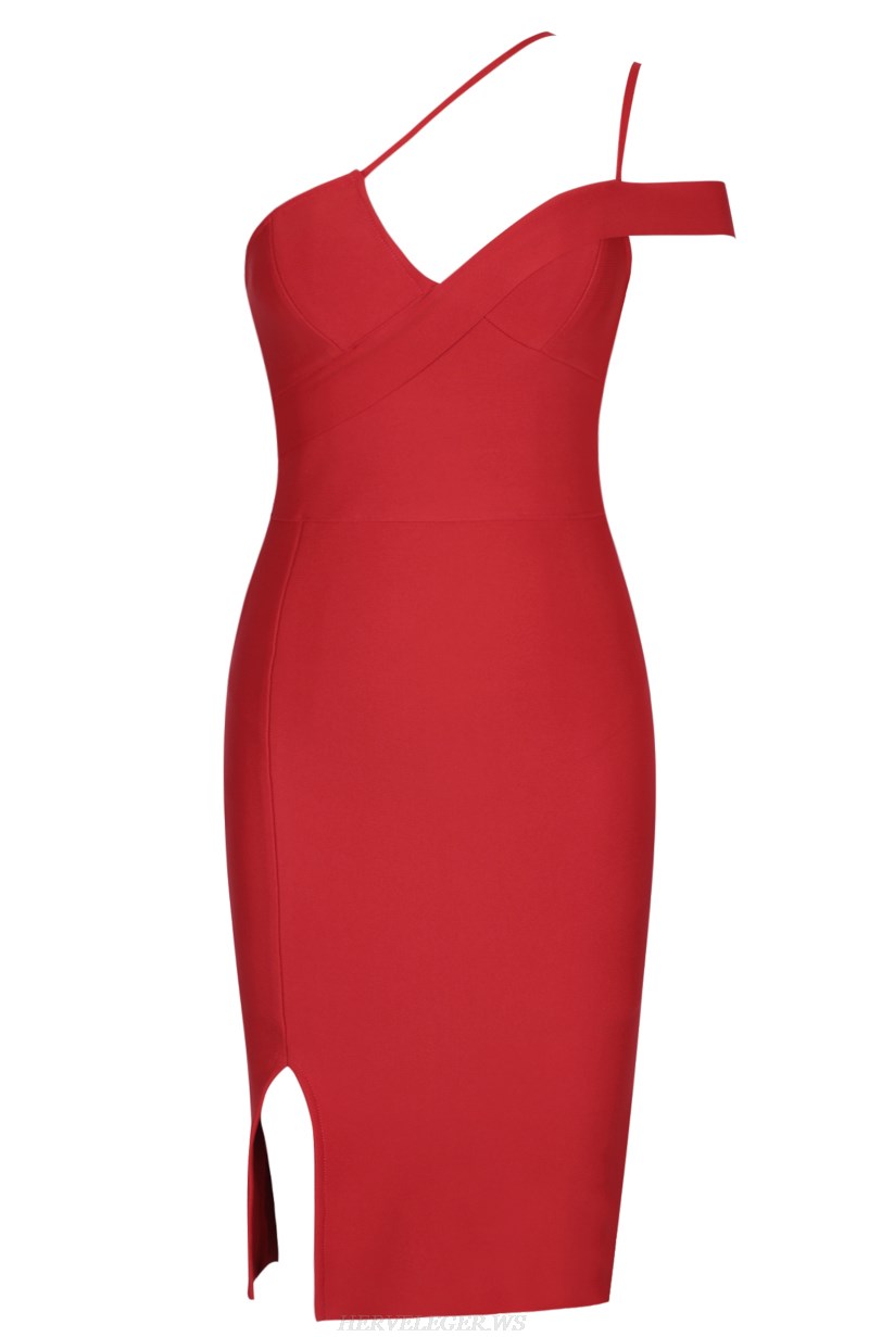Herve Leger Red Strappy Bardot Dress