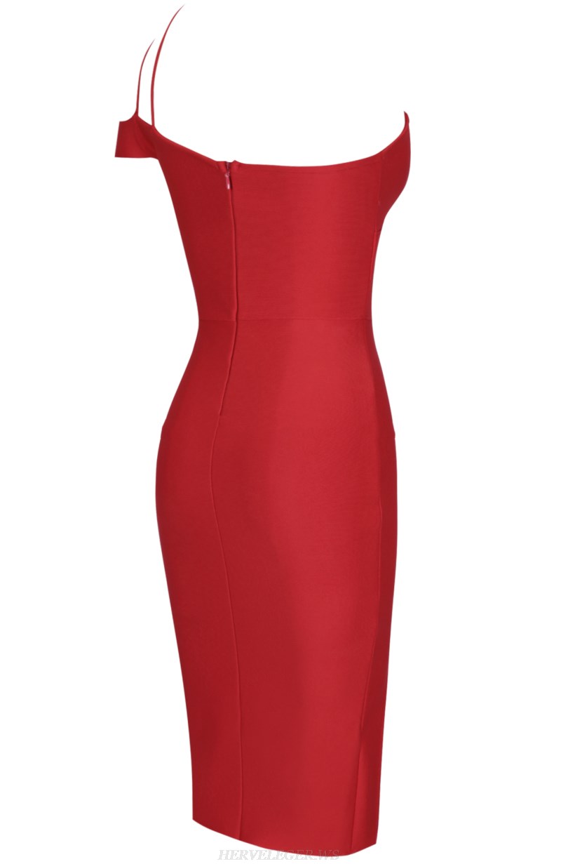 Herve Leger Red Strappy Bardot Dress