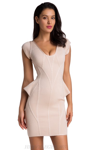 Herve Leger Light Nude Structured Peplum Dress