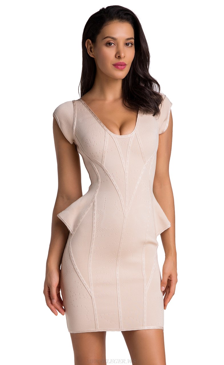 Herve Leger Light Nude Structured Peplum Dress