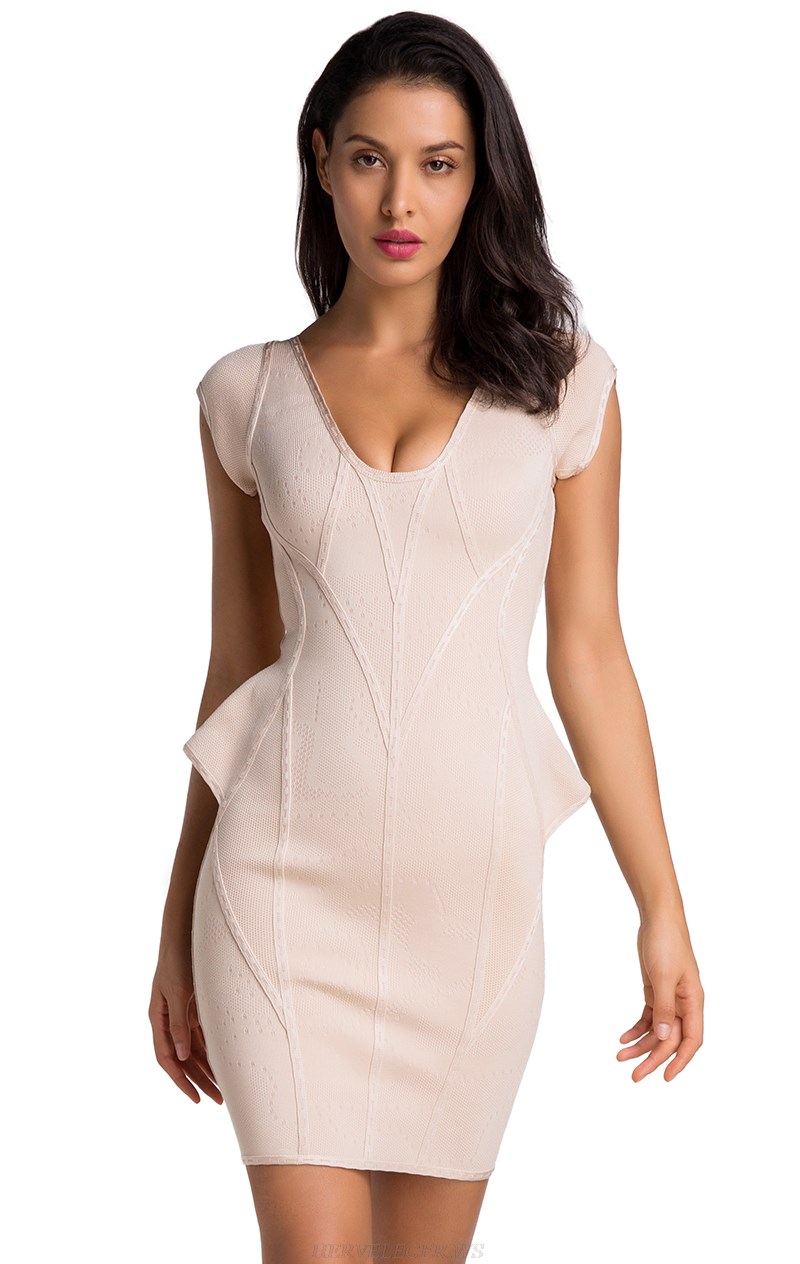 Herve Leger Light Nude Structured Peplum Dress