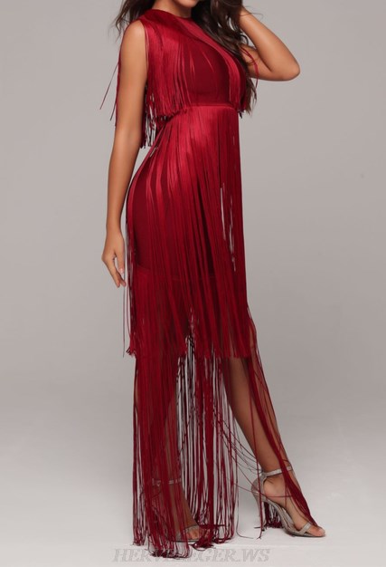 Herve Leger Burgundy Tassel Detail Gown