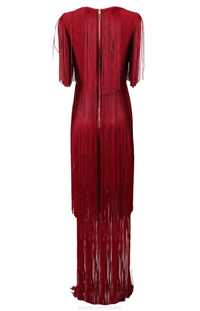 Herve Leger Burgundy Tassel Detail Gown
