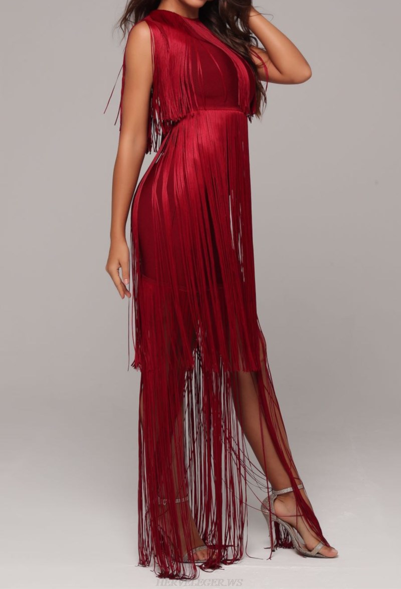 Herve Leger Burgundy Tassel Detail Gown