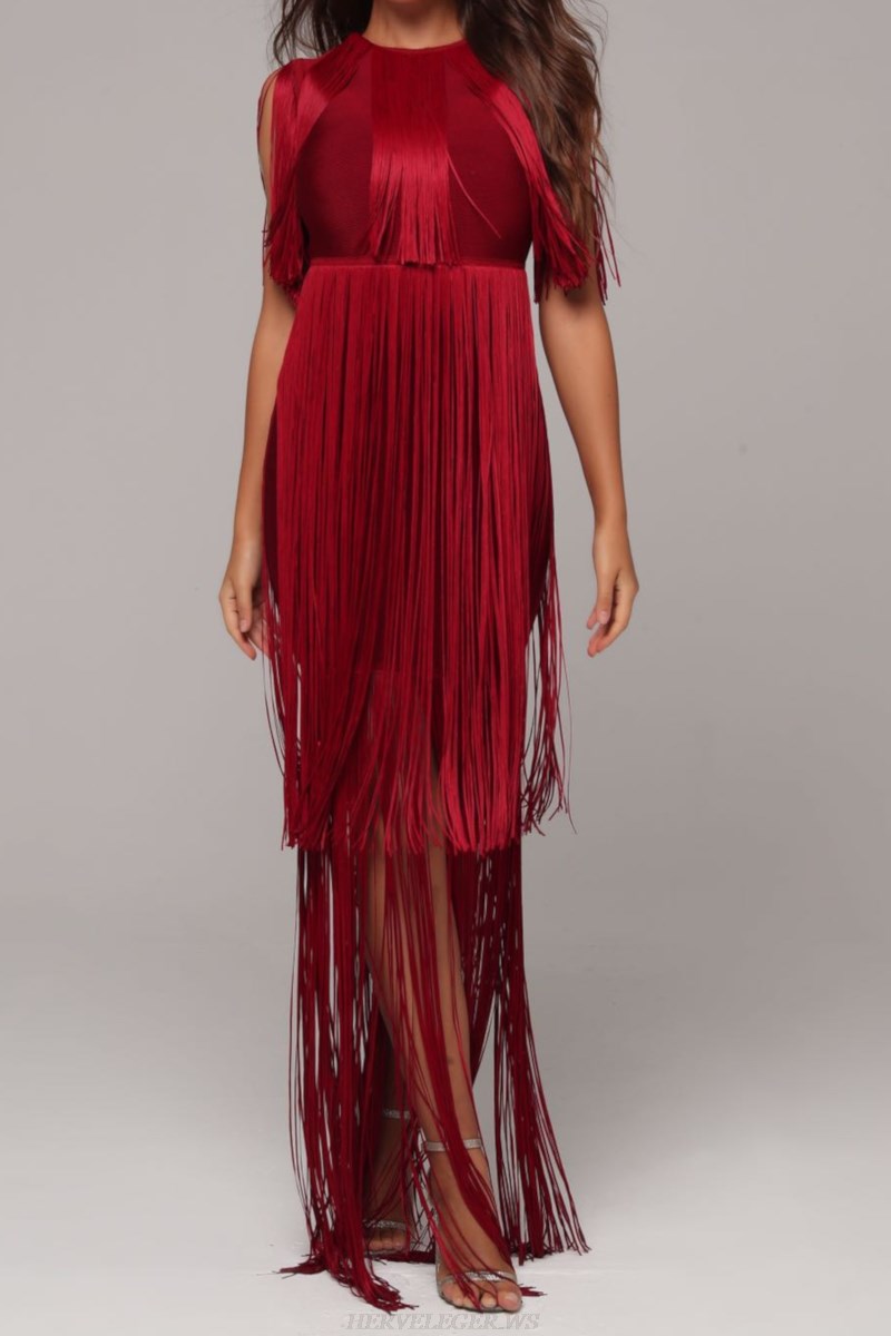 Herve Leger Burgundy Tassel Detail Gown