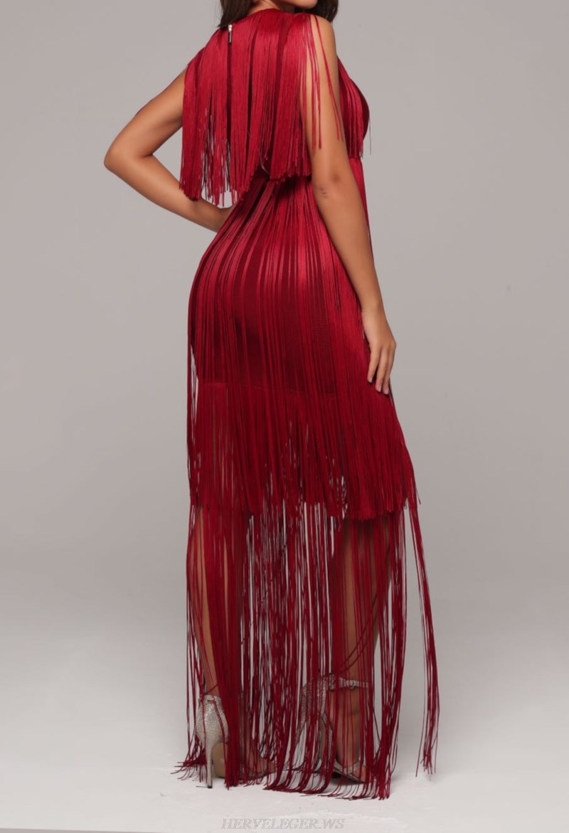 Herve Leger Burgundy Tassel Detail Gown