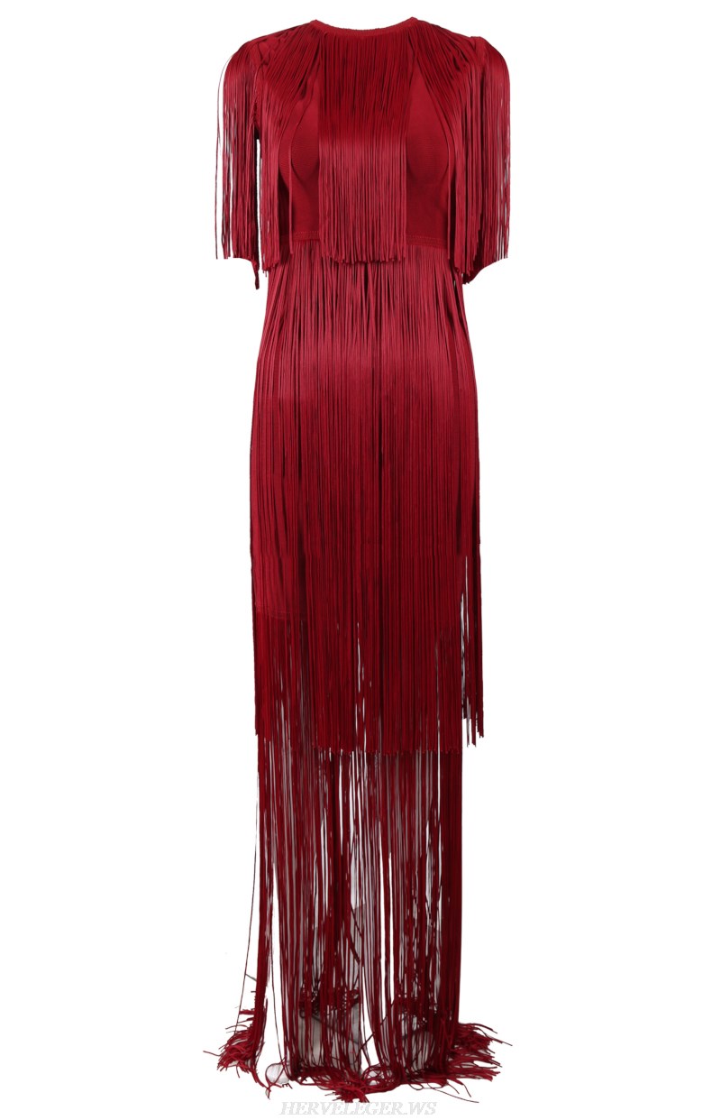 Herve Leger Burgundy Tassel Detail Gown