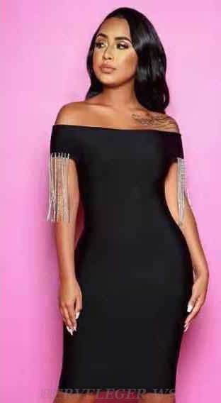 Herve Leger Black Bardot Embellished Tassel Dress