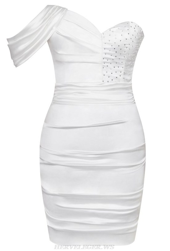 Herve Leger White Bardot Ruched Satin Dress