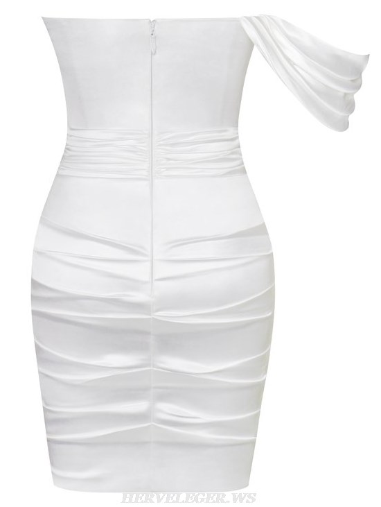 Herve Leger White Bardot Ruched Satin Dress