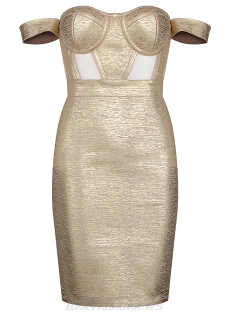 Herve Leger Gold Bardot Woodgrain Foil Print Strapless Dress