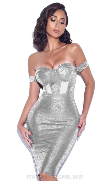 Herve Leger Silver Bardot Woodgrain Foil Print Dress Herve Leger Silver Bardot Woodgrain Foil Print Dress