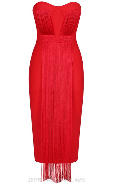 Herve Leger Red Bustier Bandeau Tassel Dress