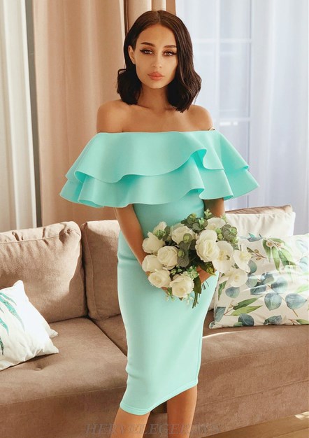 Herve Leger Mint Double Frill Bardot Dress