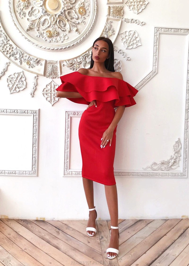 Herve Leger Red Double Frill Bardot Dress