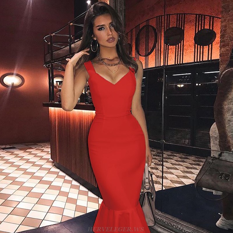 Herve Leger Red Fluted Dress