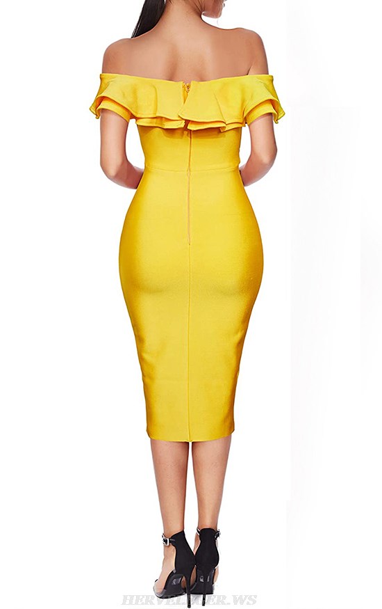 Herve Leger Yellow Frill Bardot Strapless Dress