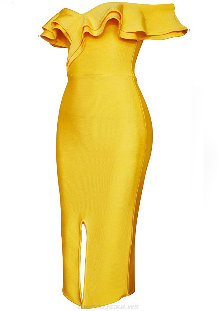 Herve Leger Yellow Frill Bardot Strapless Dress