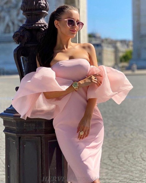 Herve Leger Pink Frill Sleeve Bardot Dress
