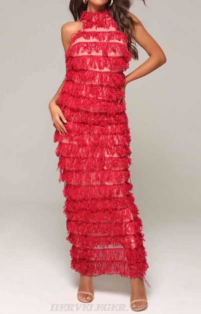 Herve Leger Red Halter Tassel Detail Gown
