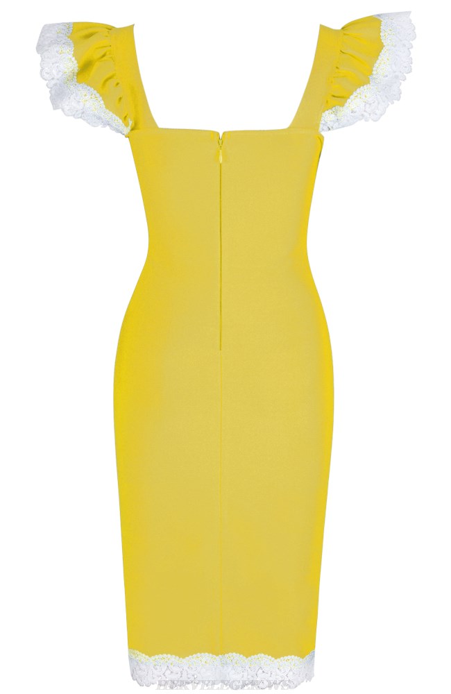 Herve Leger Yellow Lace Frill Sleeve Dress