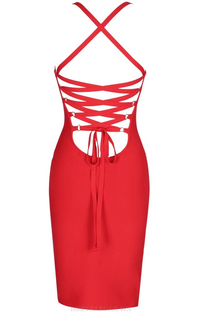 Herve Leger Red Lace Up Back Dress