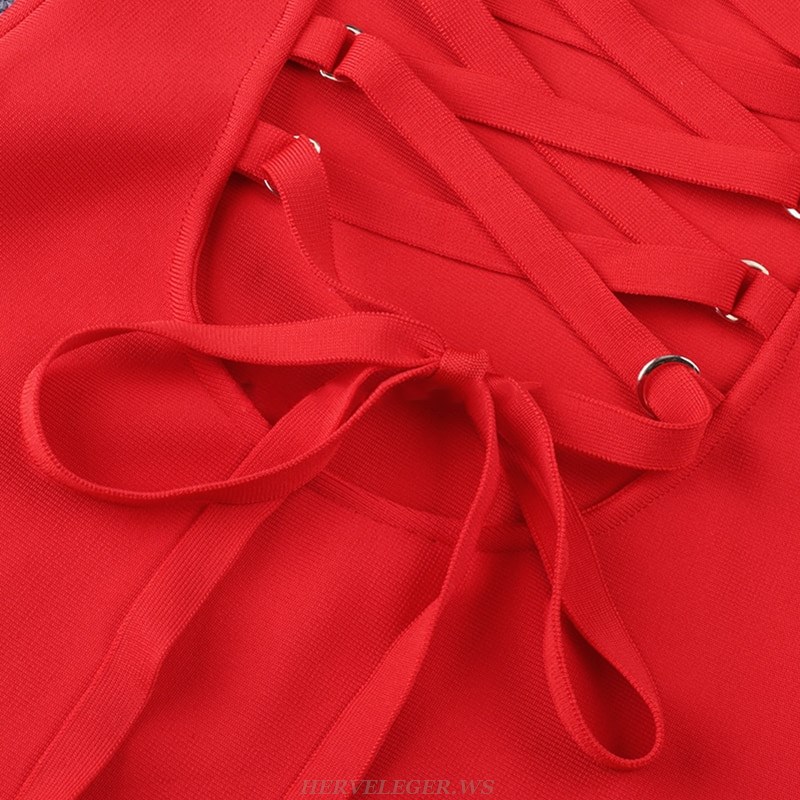 Herve Leger Red Lace Up Back Dress