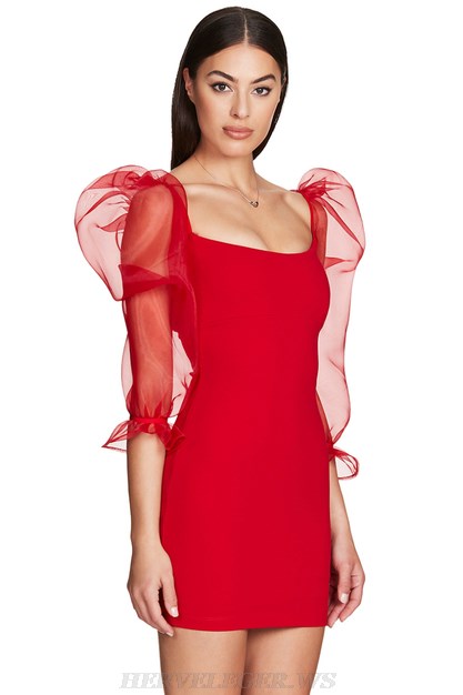 Herve Leger Red Long Puff Sleeve Dress