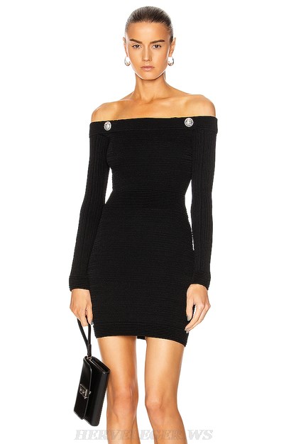 Herve Leger Black Long Sleeve Bardot Ribbed Dress