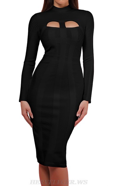 Herve Leger Black Long Sleeve Cut Out Detail Bandage Dress