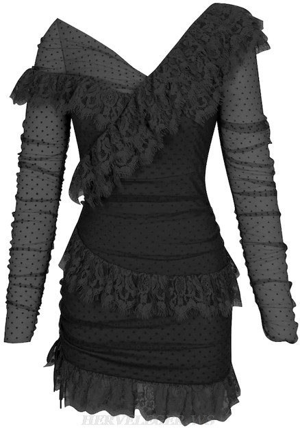 Herve Leger Black Long Sleeve Mesh Lace Dress