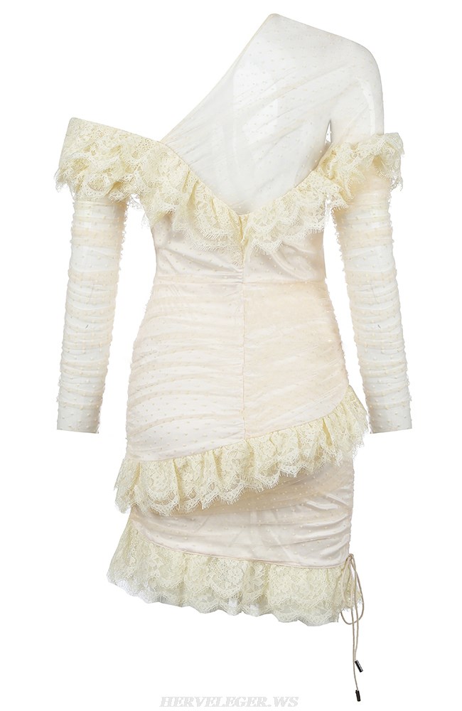 Herve Leger Cream Long Sleeve Mesh Lace Dress