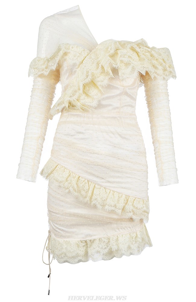 Herve Leger Cream Long Sleeve Mesh Lace Dress