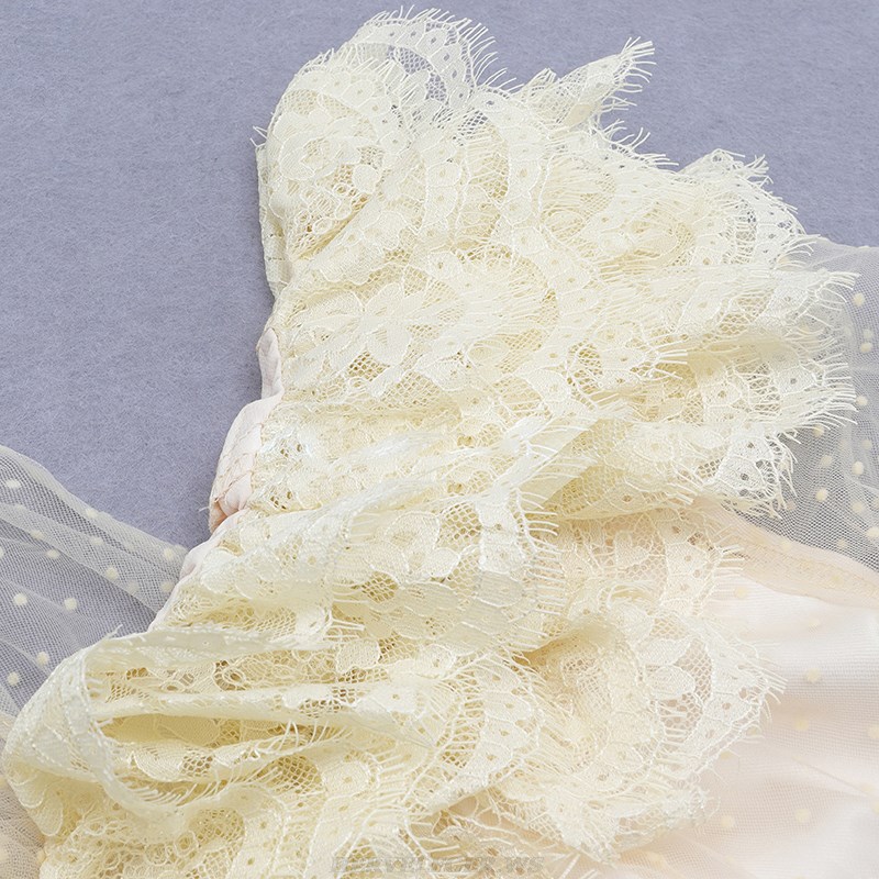 Herve Leger Cream Long Sleeve Mesh Lace Dress