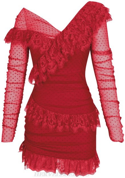 Herve Leger Red Long Sleeve Mesh Lace Dress