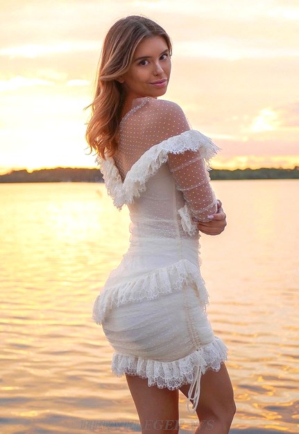 Herve Leger White Long Sleeve Mesh Lace Dress