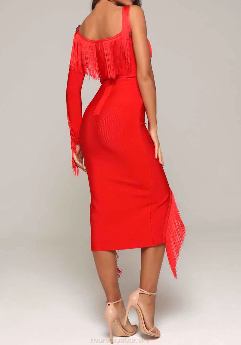 Herve Leger Red One Sleeve Tassel Dress