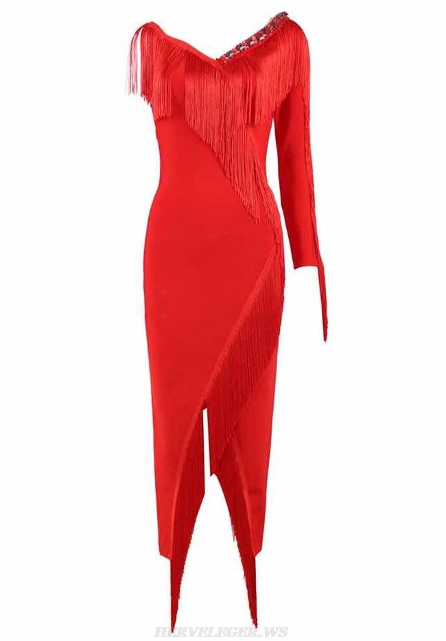 Herve Leger Red One Sleeve Tassel Dress