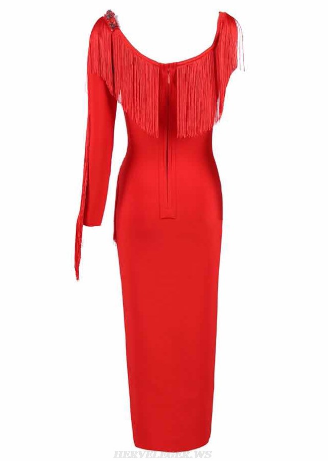 Herve Leger Red One Sleeve Tassel Dress