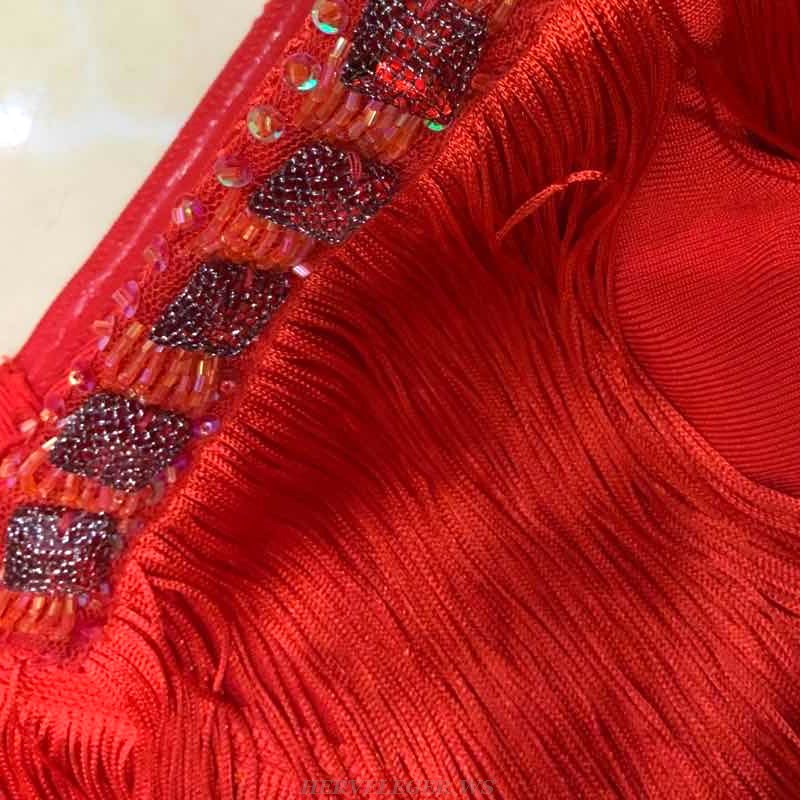 Herve Leger Red One Sleeve Tassel Dress