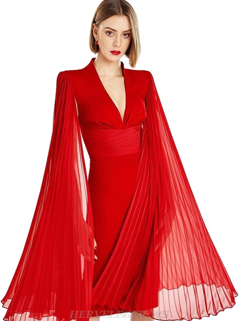 Herve Leger Red Pleated Cape Sleeve V Neck Dress