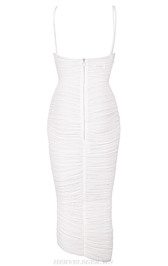 Herve Leger White Ruched Asymmetric Dress