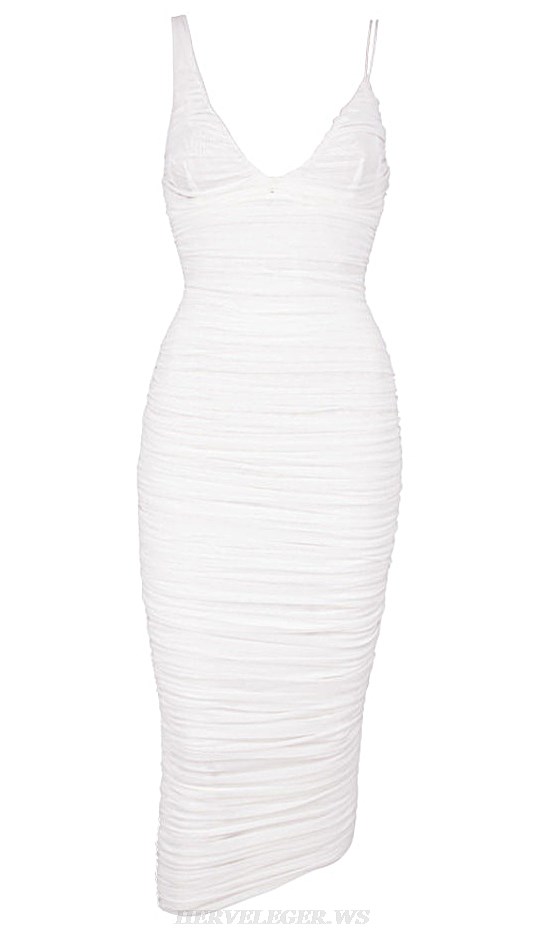 Herve Leger White Ruched Asymmetric Dress