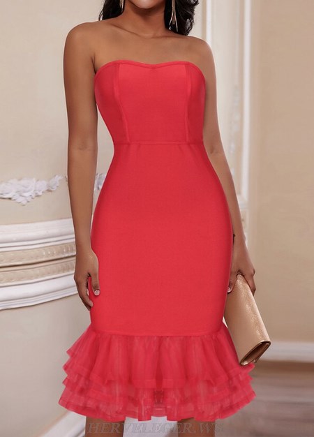 Herve Leger Red Strapless Fluted Mesh Dress