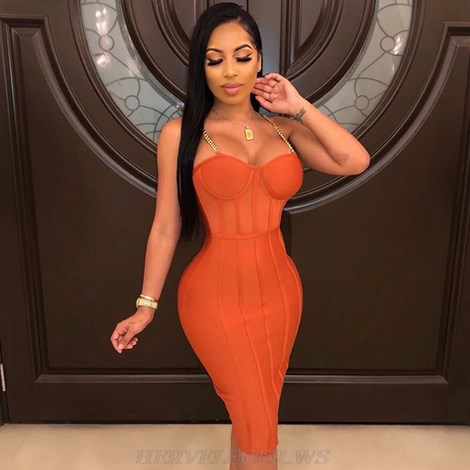 Herve Leger Orange Structured Mesh Bustier Dress