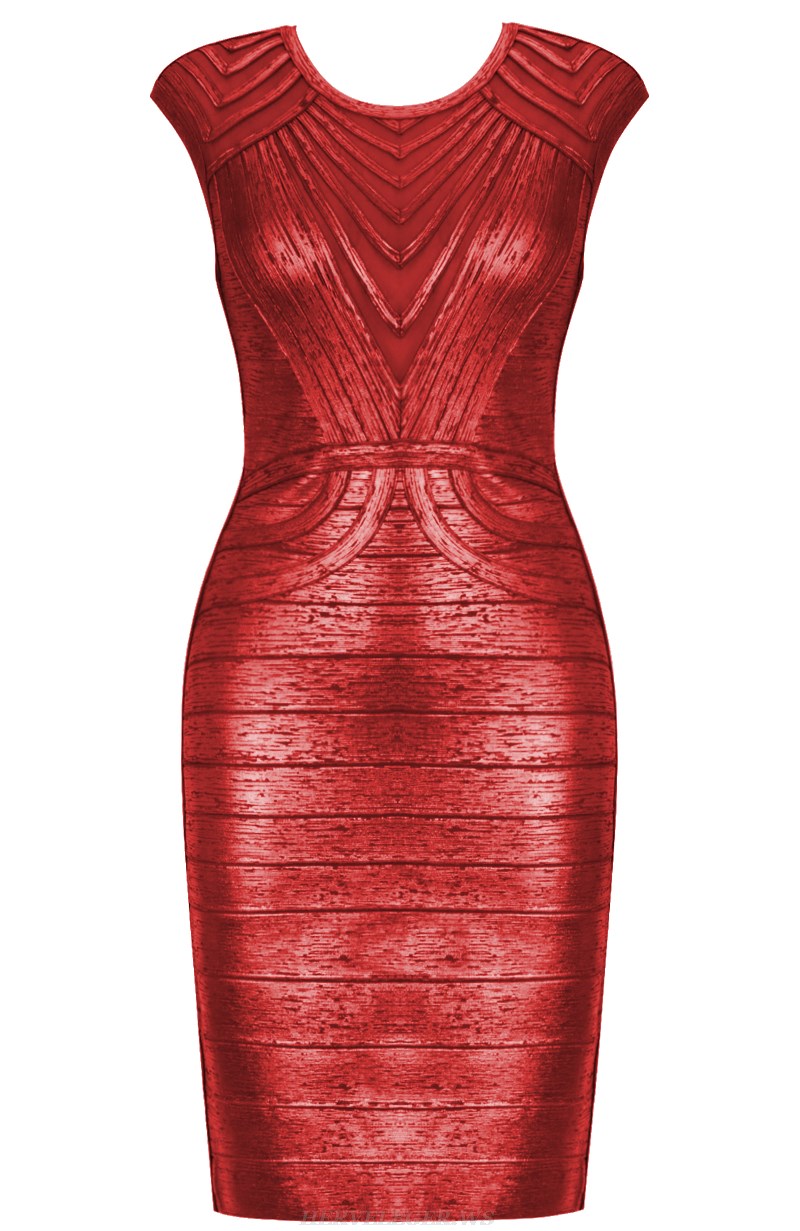 Herve Leger Red Woodgrain Foil Print Structured Dress