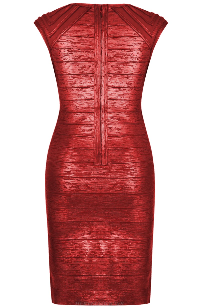Herve Leger Red Woodgrain Foil Print Structured Dress